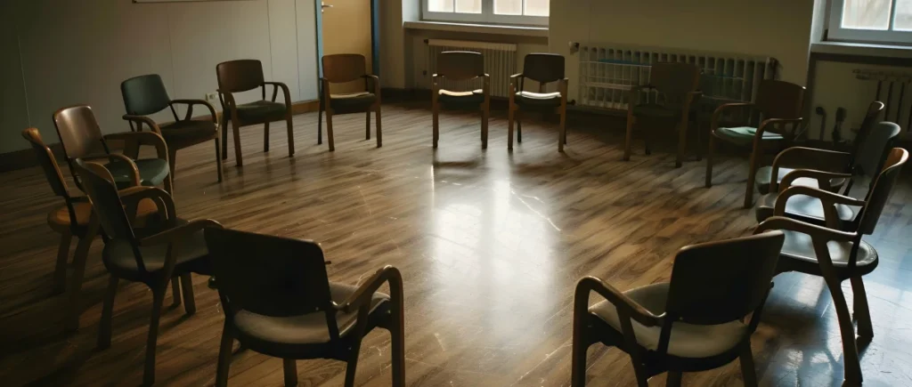 A circle of empty chairs in a room - ready for traditional group talk therapy session