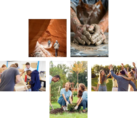 A collage of images where people are engaged in group activities