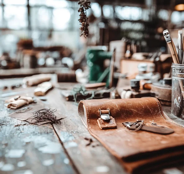 A workbench is full of well used crafting items